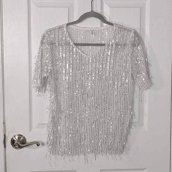 Silver Sequin Fringe Sheer Mesh Short Sleeve Sparkly Fun Party Blouse - Picture 1 of 6